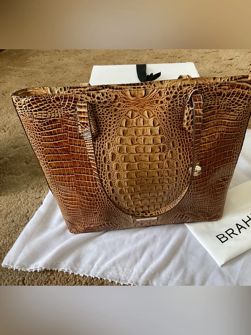 EUC Large Toasted Almond  Brahmin Tote! Beautiful Croc-Embossed!